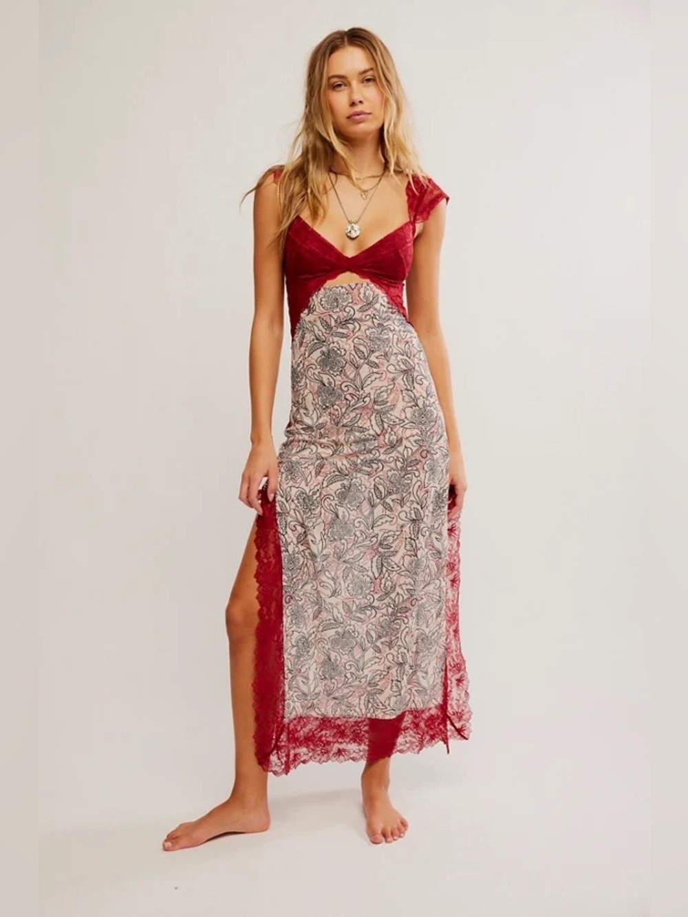 Free People Red suddenly fine Lace-Trim Floral sheer Slip Dress - Picture 7 of 9